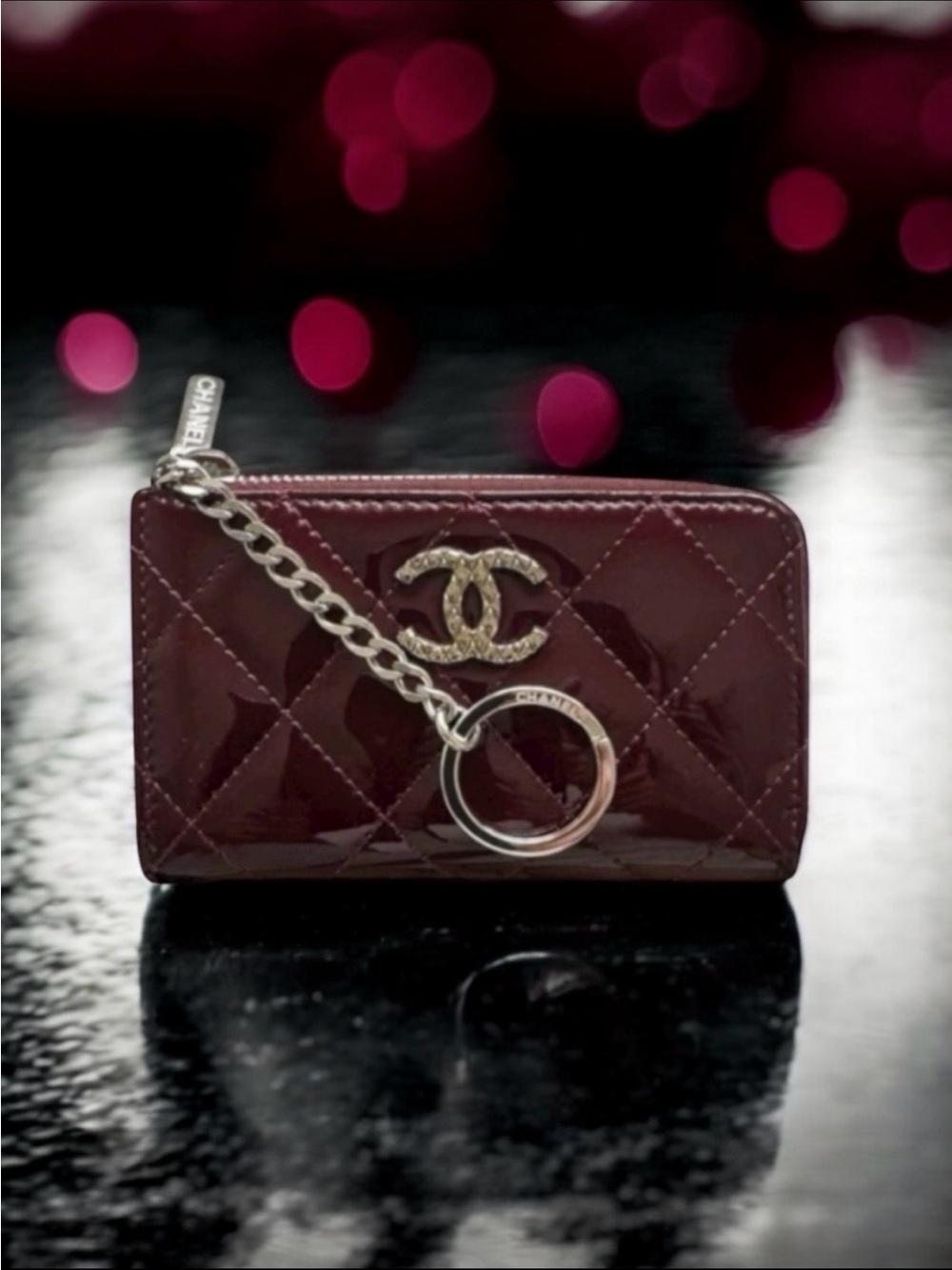 🆕💗CHANEL Burgundy Patent Leather Zip Closure O-Ring Key Holder Card Wallet SHW
